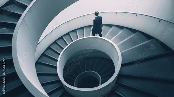 Obraz A lone figure in a blue suit walks up a modern spiral staircase, evoking a sense of ambition and progress. 
