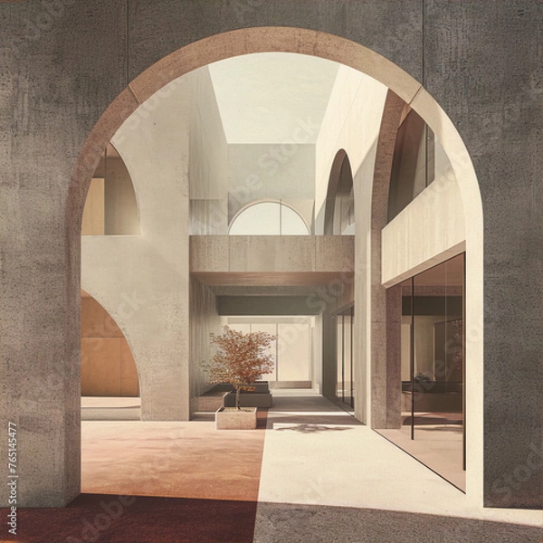 Obraz 3D rendering of a minimalist courtyard with a tree in the center and arched openings on all sides