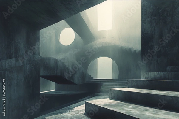 Obraz Concrete brutalist architecture interior with arches and staircases 3D render