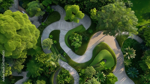 Obraz lush green garden with stone pathways and various plants in a modern geometric design