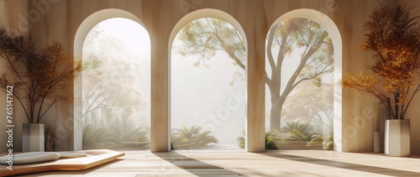 Obraz Tranquil arched room with trees and sunlight in the background, featuring neutral colors and a minimalist style.
