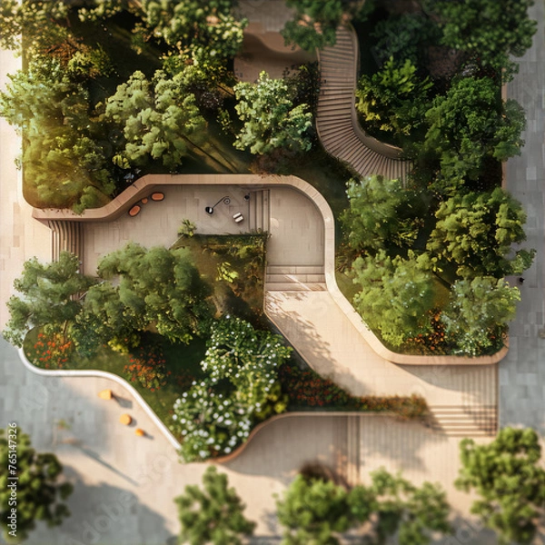 Obraz An aerial view of a lush green garden with stone pathways and a staircase, featuring a minimalist design and vibrant colors, suita