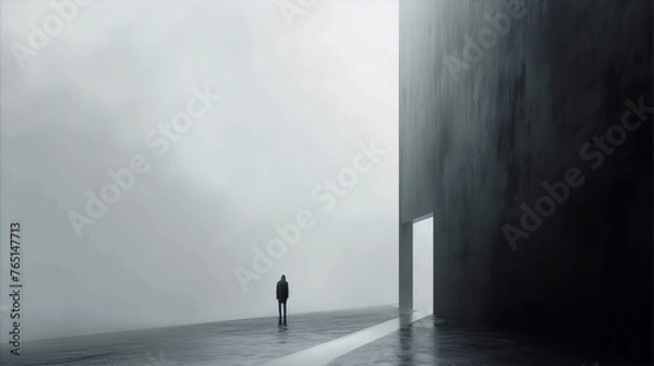 Obraz A dark figure stands in a vast, foggy, concrete structure with a glowing doorway.