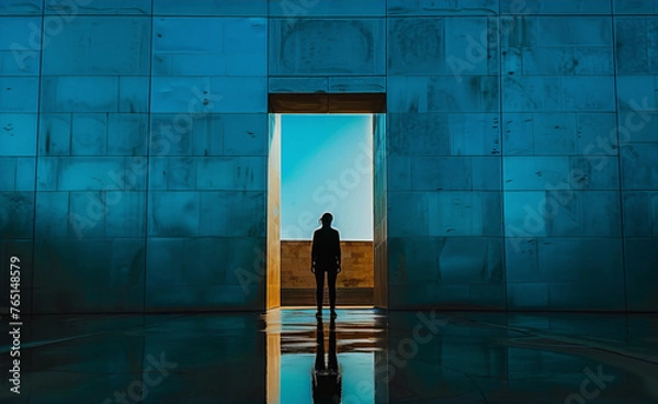 Obraz Blue-green geometric shapes and a person in a doorway with a bright background in the style of modern architecture