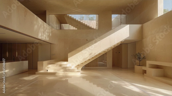 Obraz An image of a modern house interior with a staircase, in the style of minimalism, with neutral colors and a focus on natural light