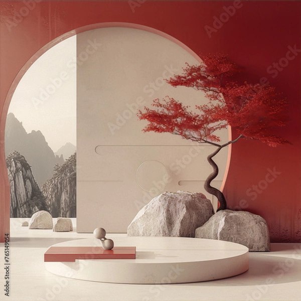 Obraz A minimal and surreal depiction of a Japanese garden with a red tree, rocks, and a podium, rendered in 3D.