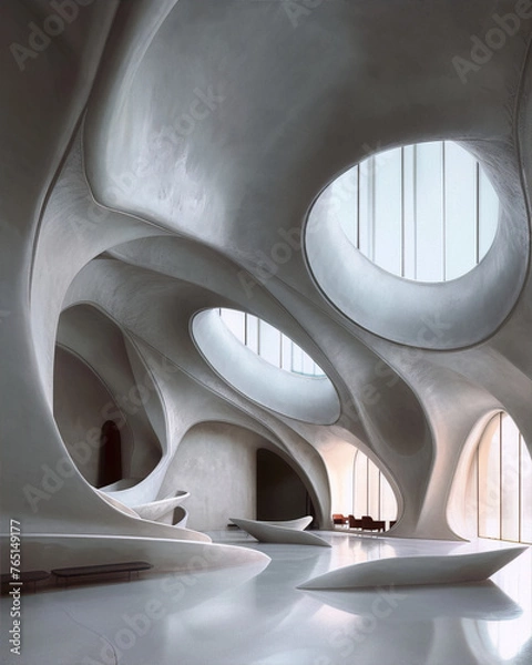 Obraz Futuristic interior space with smooth concrete walls and large oval windows in an abstract organic style
