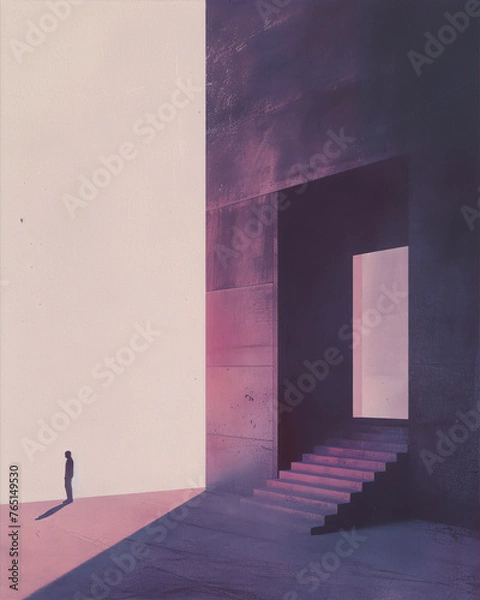 Obraz A solitary figure stands before a large, imposing doorway, bathed in soft, ethereal light. The minimalist architecture creates a sense of mystery and anticipation. 
