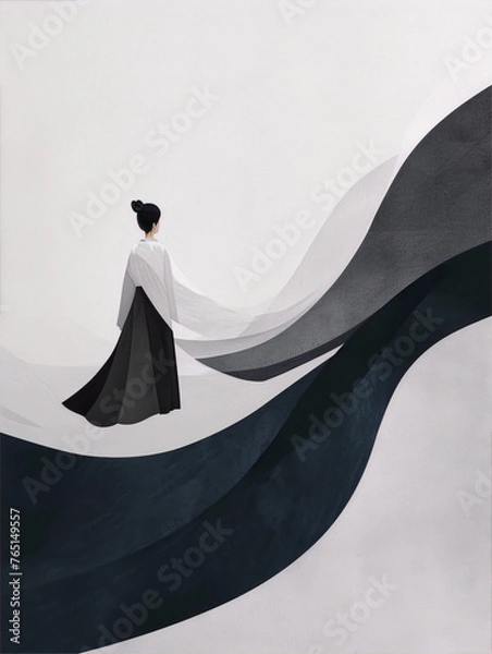 Obraz Digital art painting of a woman in a hanbok dress walking on a curved path with a white background in a minimalist style with mute