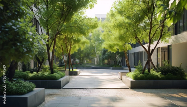 Obraz A 3D rendering of a modern courtyard with trees, plants, and a path leading to a building, in the style of archviz, with a focus o