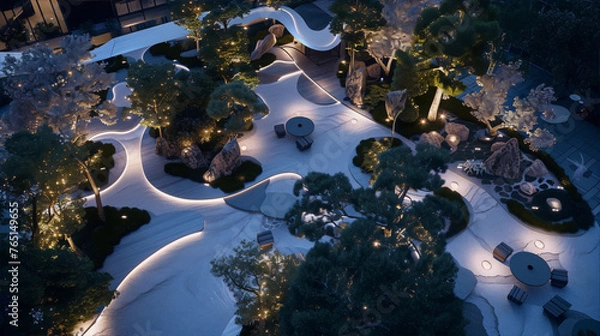 Obraz A photo of a rooftop garden with a curved path, stone lanterns, and trees at night in the style of Japanese Zen gardens.