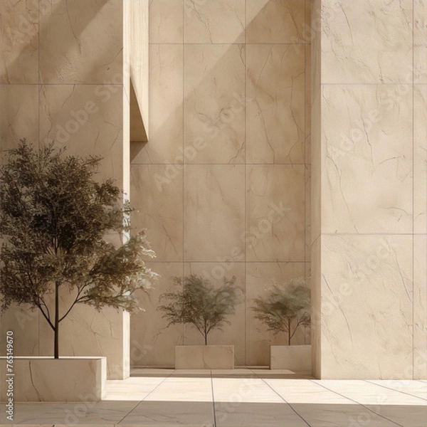 Obraz beige marble interior space with trees in planters against the walls in minimal contemporary style