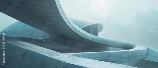 Obraz Futuristic architecture with smooth concrete curves in muted colors with fog in the background