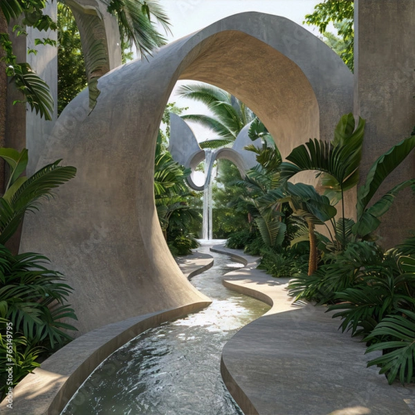 Obraz Futuristic organic architecture with flowing lines and lush vegetation