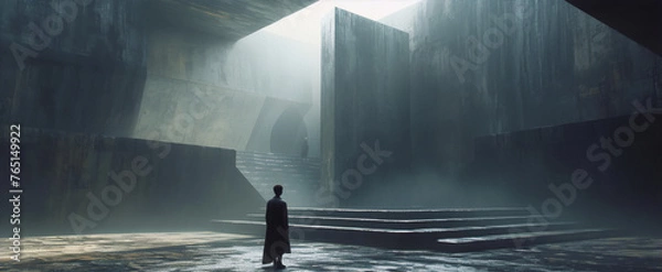 Obraz A lone figure stands in a desolate, futuristic landscape, shrouded in mist and mystery. 
