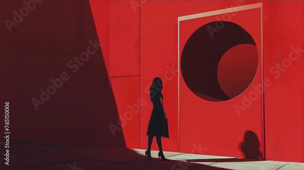 Obraz Silhouette of a woman in a red minimalist setting, symbolizing mystery, choice, and the unknown. 
