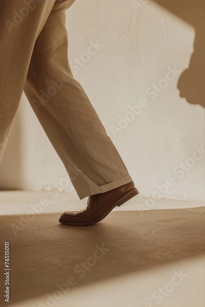 Obraz Close-up of a person's leg in white pants and brown shoes walking on a white surface, with soft light and shadows. 
