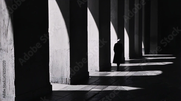 Obraz Solitary figure stands in stark contrast against a backdrop of architectural columns and dramatic light and shadow. 
