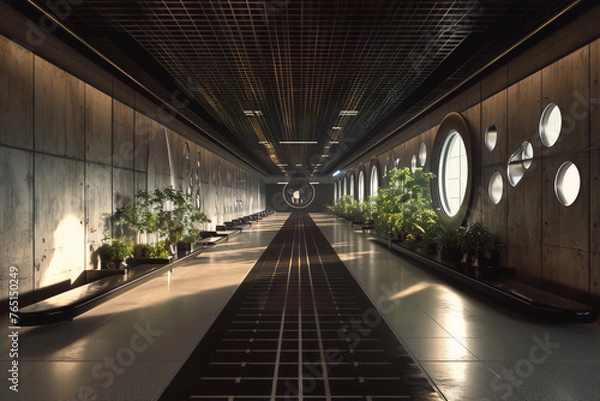 Obraz Futuristic interior of spaceship with plants and large round windows in the corridor lit by bright sunlight