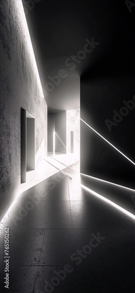 Obraz Black and white interior of futuristic empty sci-fi corridor with glowing light lines in the walls and ceiling in the style of 3d 