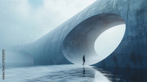 Obraz A lone figure stands before a massive concrete archway, bathed in ethereal mist, symbolizing mystery, exploration, and the unknown. 
