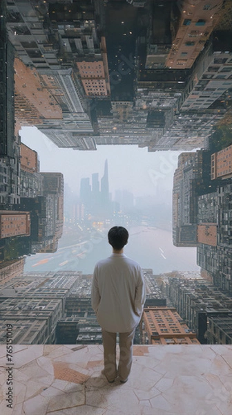 Obraz A lone figure contemplates the urban landscape, a surreal cityscape reflected in a mirrored sky, evoking a sense of wonder and introspection. 
