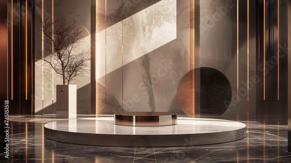 Obraz Modern minimalist interior design with geometric shapes and natural light, perfect for product display or branding. 
