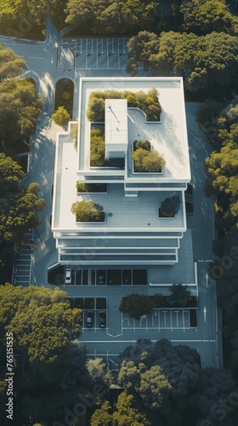Obraz An aerial view of a modern office building with a green roof, surrounded by trees, done in the style of architectural photography,