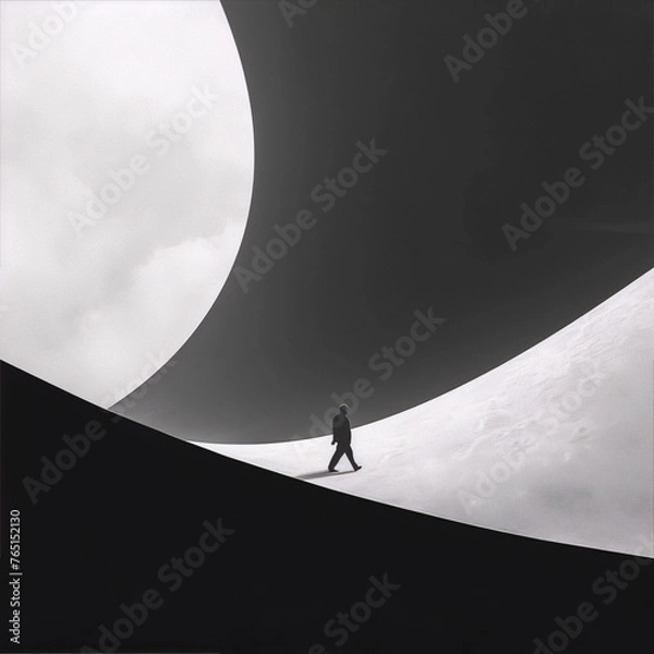 Obraz A lone figure walks a path defined by contrasting light and shadow, creating a surreal and abstract landscape. 
