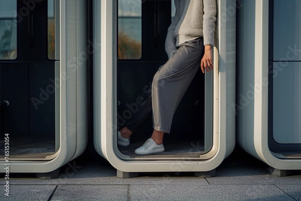 Obraz A stylish woman in grey pants and white sneakers leans against a modern, white structure. The image captures a sense of urban cool and contemporary design. 
