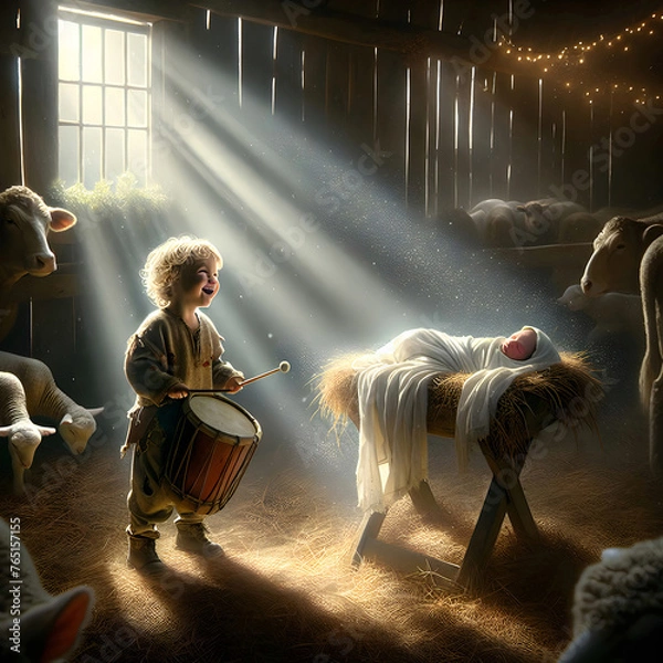 Obraz A little drummer boy with curly hair plays a drum beside a newborn lying in a manger, surrounded by farm animals with sunlight streaming through a barn window