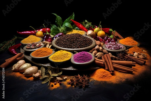 Fototapeta Various bright spices and herbs on a dark table