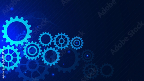 Fototapeta Futuristic gear wheel and cogs mechanism. High digital technology and engineering concept on dark blue background.