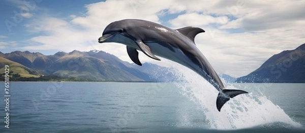 Obraz Dolphin leaping with mountains in background