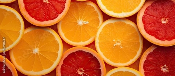 Fototapeta A cluster of halved oranges up close