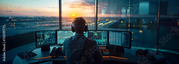 Fototapeta Airport Tower Communication: Air Traffic Controllers in Action with Navigation Screens and Departure Data