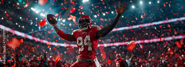 Fototapeta Red-clad football player celebrates scoring touchdown in packed Superbowl stadium