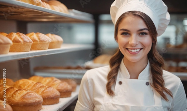 Obraz Beautiful young female baker standing in a bakery and smiling at the camera