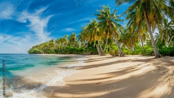 Fototapeta Vview of the coast with coconut trees. Generative AI