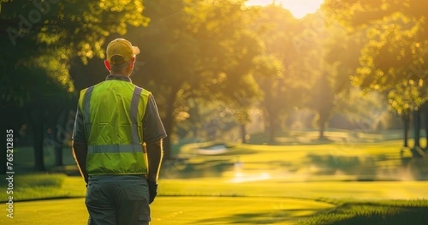 Obraz A golf course superintendent in maintenance attire, overseeing course conditions, photorealistik, solid color background