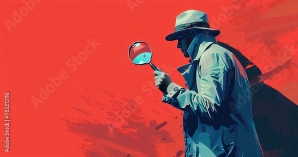 Obraz A detective in a trench coat, holding a magnifying glass, standing in a crime scene, solid color background