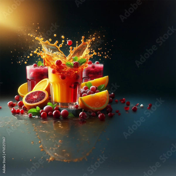 Fototapeta Orange juice interlaced with cramberry juice, big splashes mixing in the air super slowmotion adorned with fruit Illuminate with product lighting high resolution	
