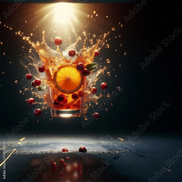 Fototapeta Orange juice interlaced with cramberry juice, big splashes mixing in the air super slowmotion adorned with fruit Illuminate with product lighting