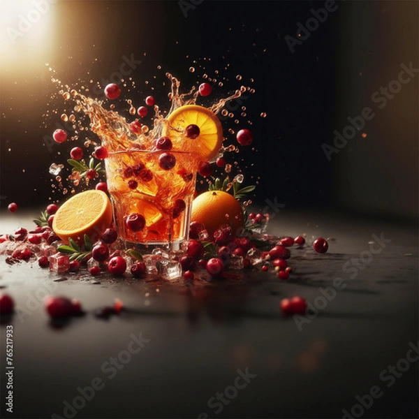 Fototapeta Orange juice interlaced with cramberry juice, big splashes mixing in the air super slowmotion adorned with fruit Illuminate with product lighting high resolution	
