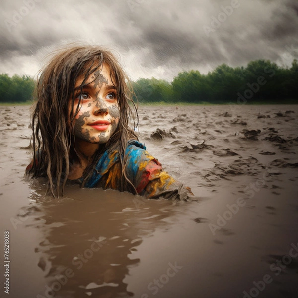 Fototapeta Girl plaing in the mud clowdy day smiling to the fun ahead