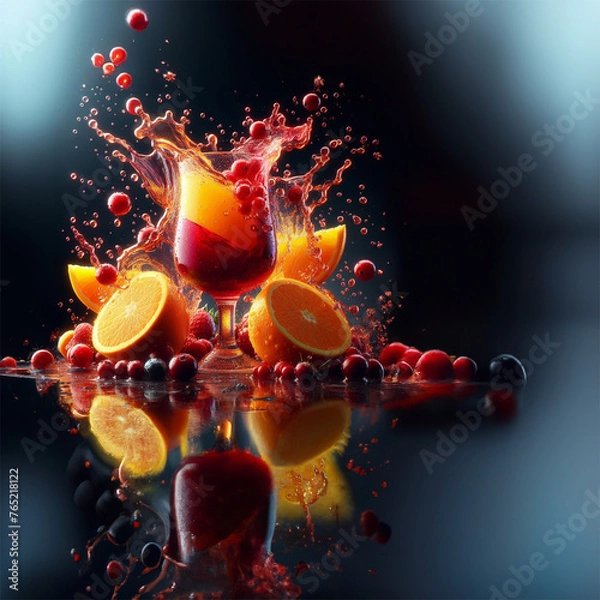 Fototapeta framed to the right, orange juice interlaced with cramberry juice, big splashes mixing in the air super slowmotion adorned with fruit Illuminate with product lighting high resolution
