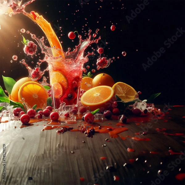 Fototapeta Orange juice interlaced with cramberry juice, big splashes mixing in the air super slowmotion adorned with fruit Illuminate with product lighting high resolution
