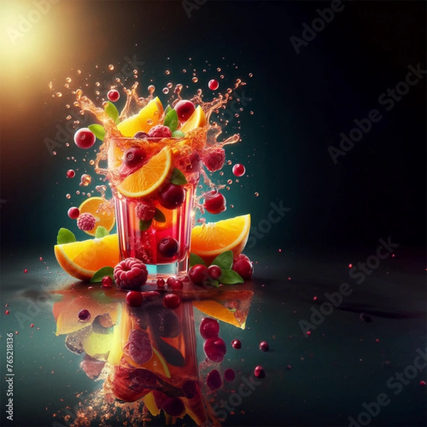 Fototapeta Orange juice interlaced with cramberry juice, big splashes mixing in the air super slowmotion adorned with fruit Illuminate with product lighting high resolution
