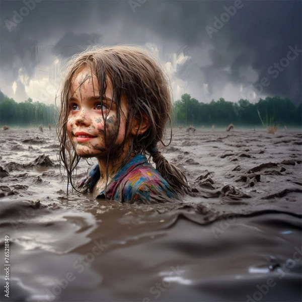 Fototapeta Girl plaing in the mud clowdy day smiling to the fun ahead