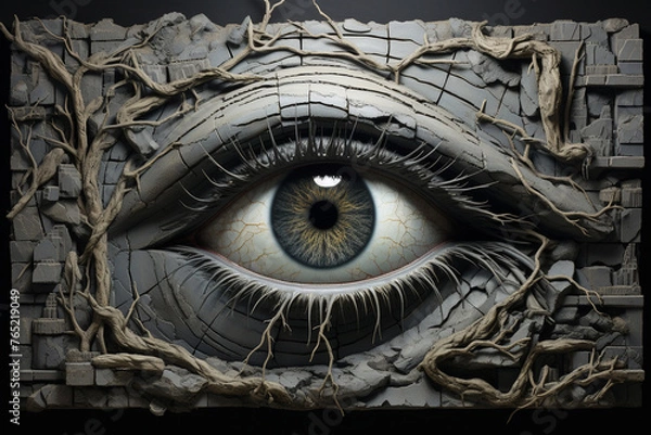 Fototapeta Close up of human blue eye in stone wall. 3D rendering
